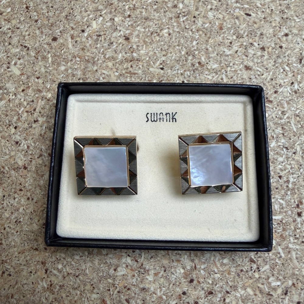 Vintage Swank Cufflinks Mother of Pearl Gold Tone Square Geometric Mid Century